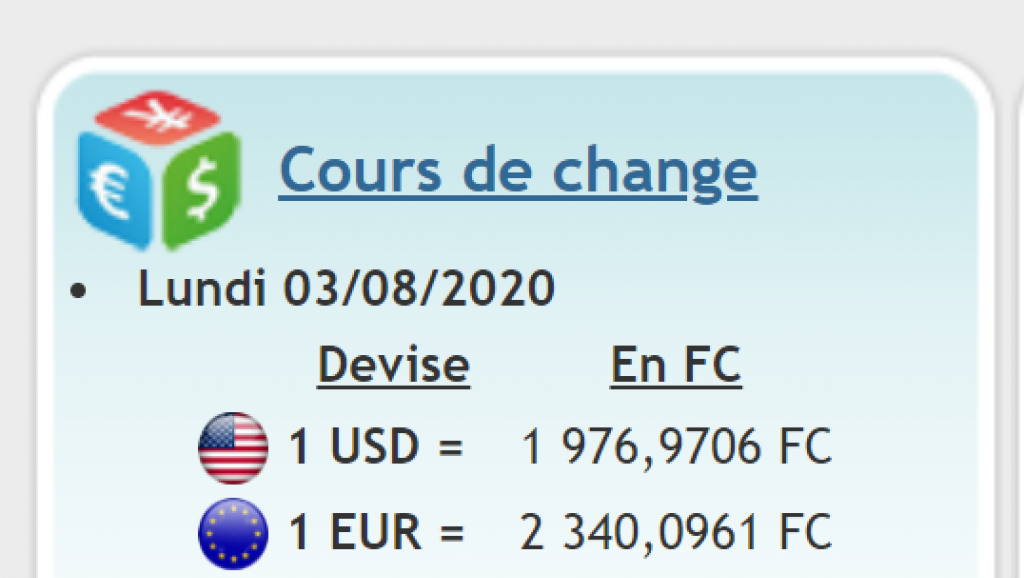 Rdc voici les cours de change de la banque centrale de ce lundi 3